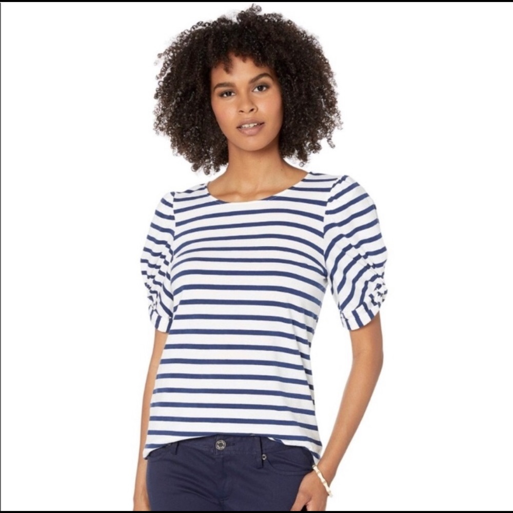 ✨GUC✨ LILLY PULITZER PUFF SLEEVE NAVY & WHITE STRIPPED SHIRT 💙🤍